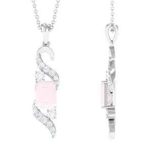 Emerald Cut Rose Quartz Drop Pendant with Diamond