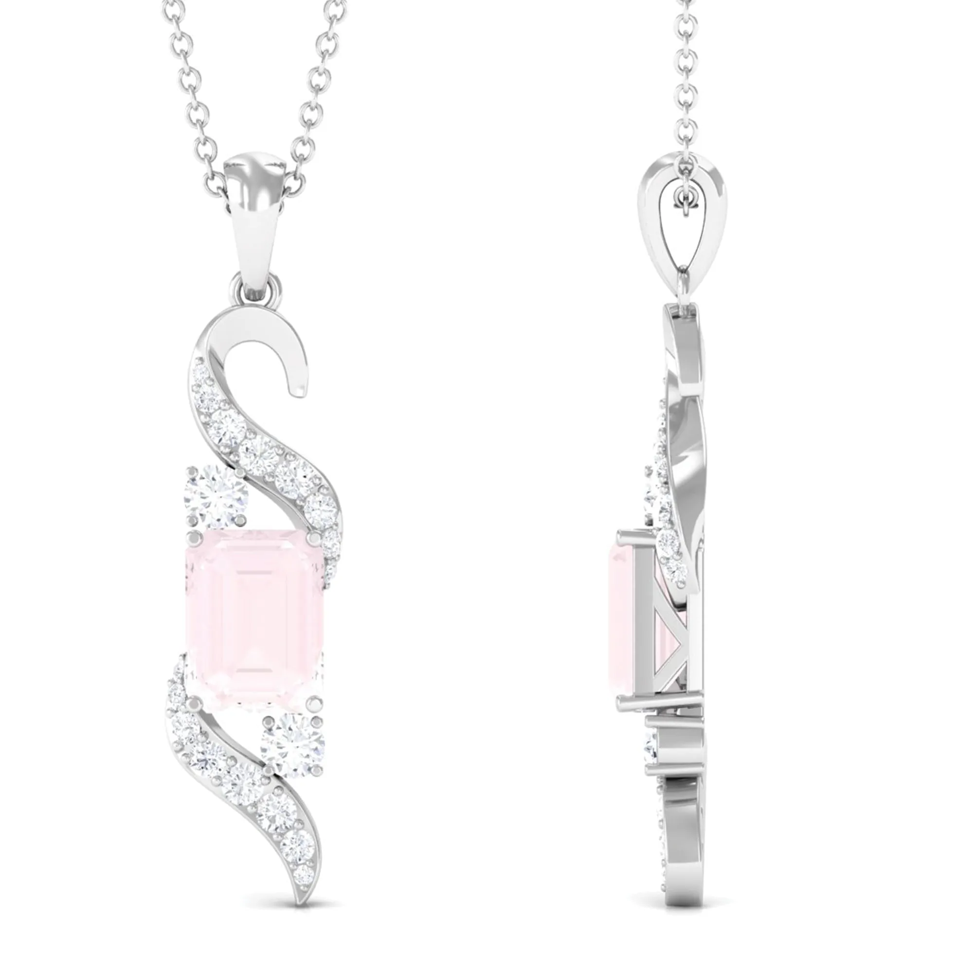 Emerald Cut Rose Quartz Drop Pendant with Diamond