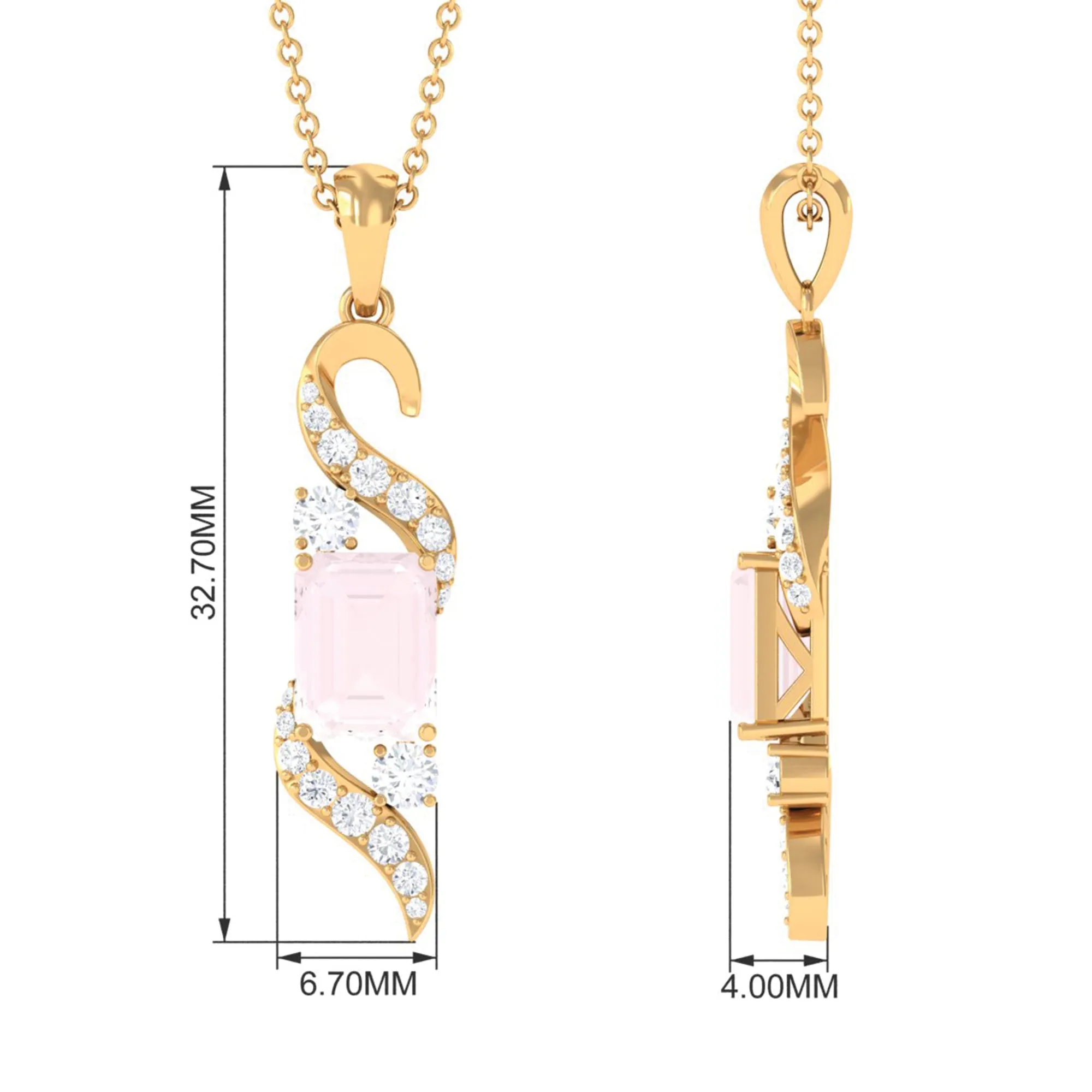 Emerald Cut Rose Quartz Drop Pendant with Diamond