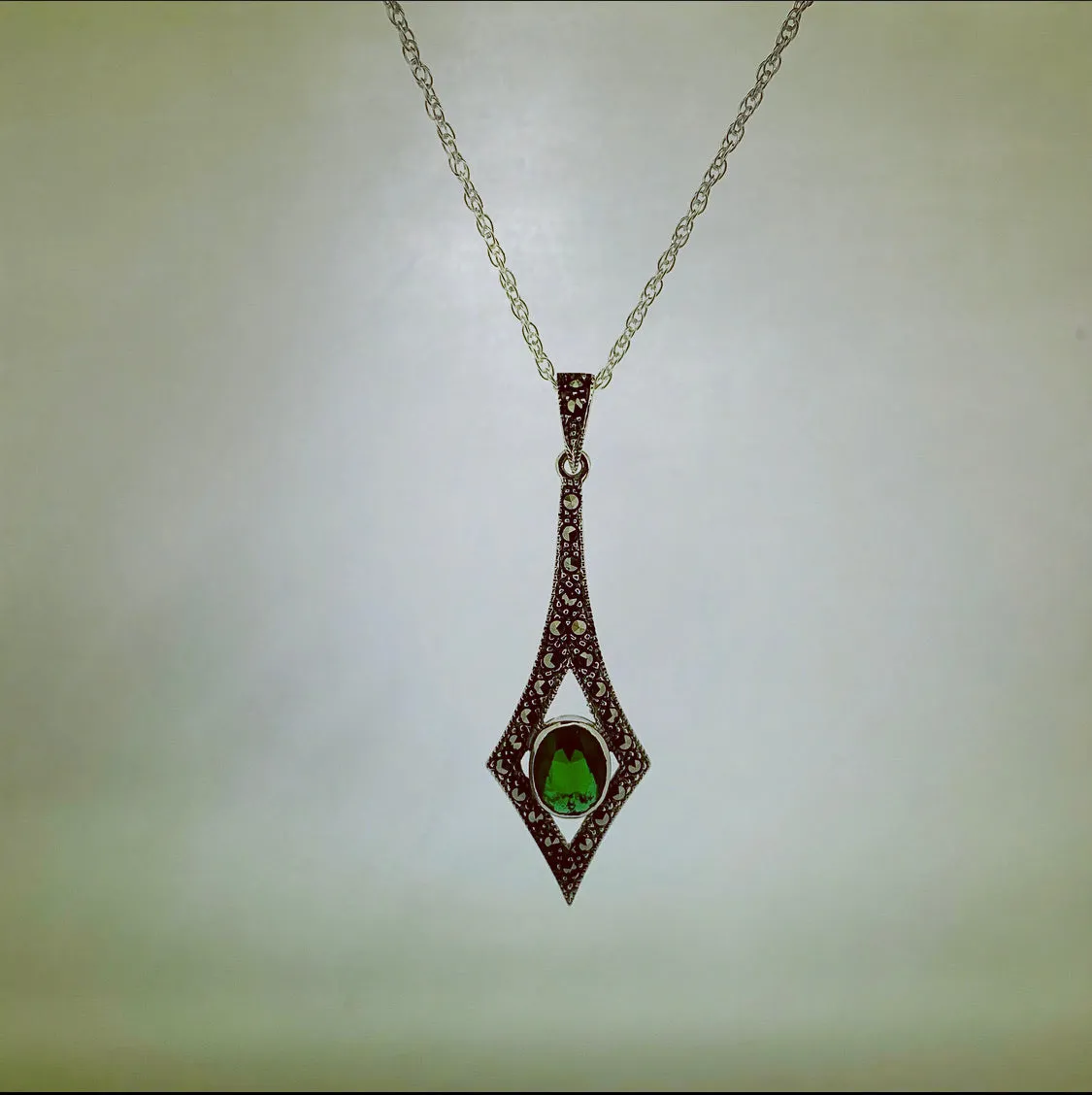 Emerald green Marcasite silver spear Art Deco Pendant