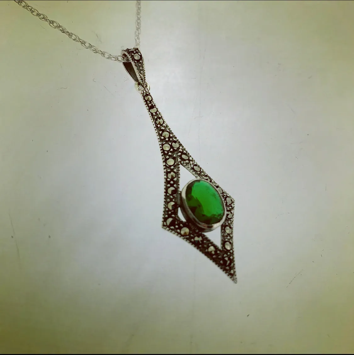 Emerald green Marcasite silver spear Art Deco Pendant
