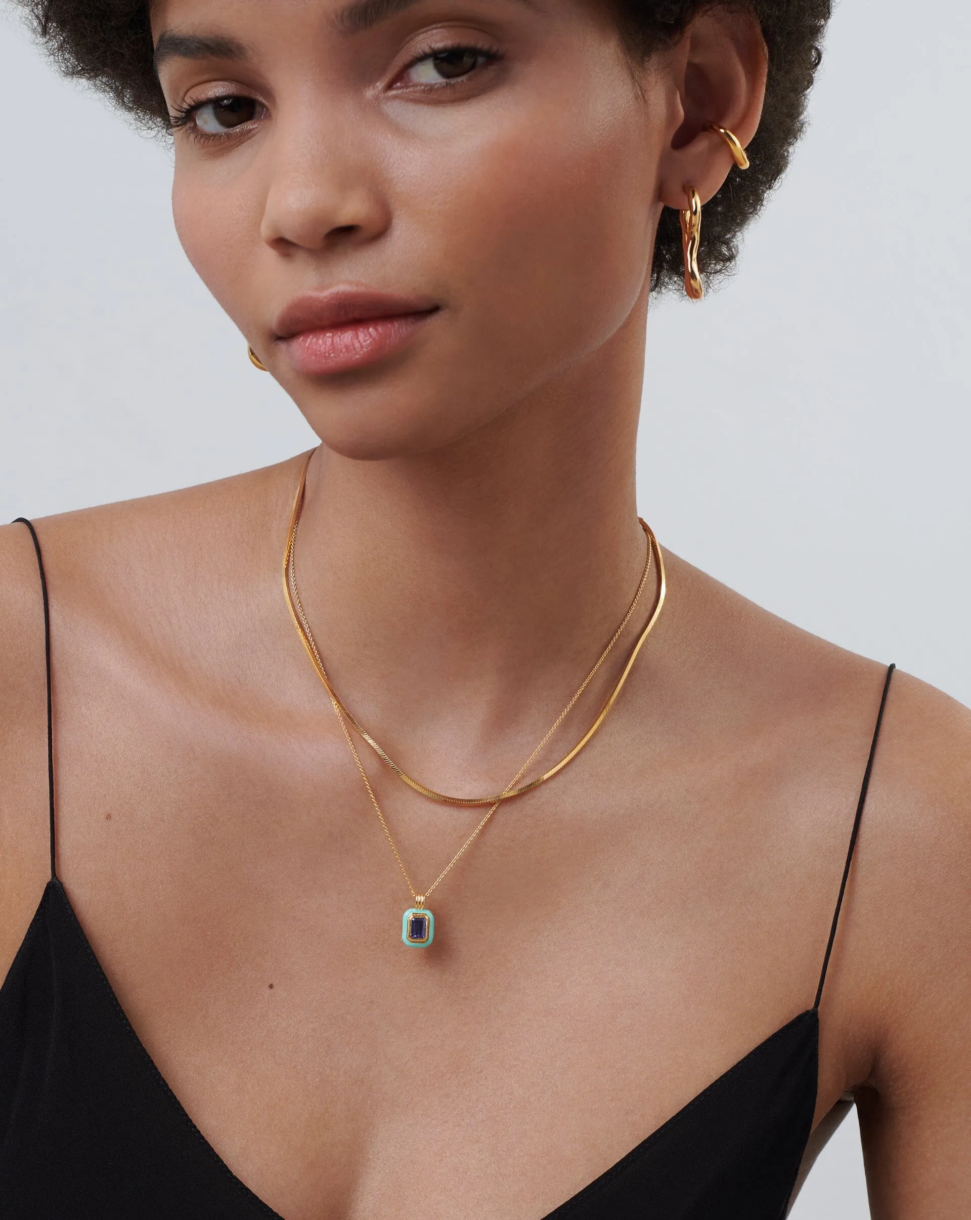 Enamel & Stone Pendant Necklace | 18ct Gold Vermeil/Dark Blue Cubic Zirconia