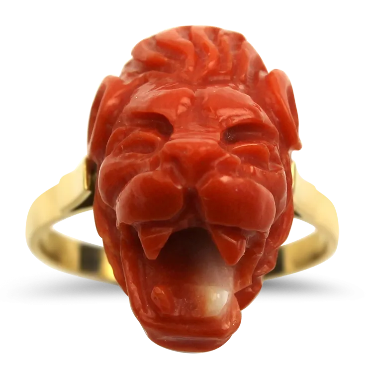 Estate 18K Yellow Gold Coral Lion's Head Ring