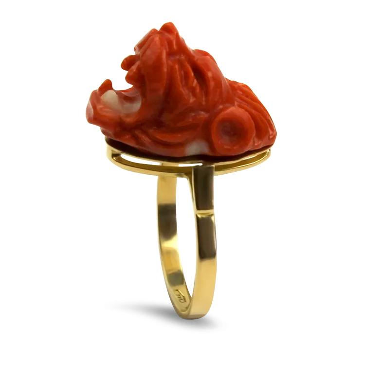 Estate 18K Yellow Gold Coral Lion's Head Ring