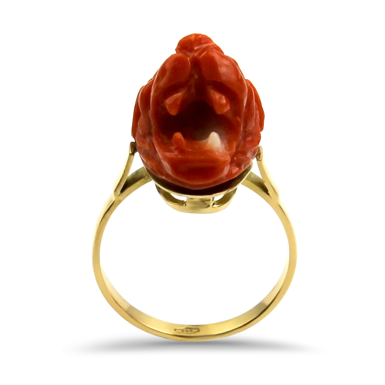 Estate 18K Yellow Gold Coral Lion's Head Ring