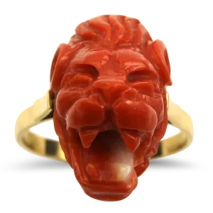Estate 18K Yellow Gold Coral Lion's Head Ring