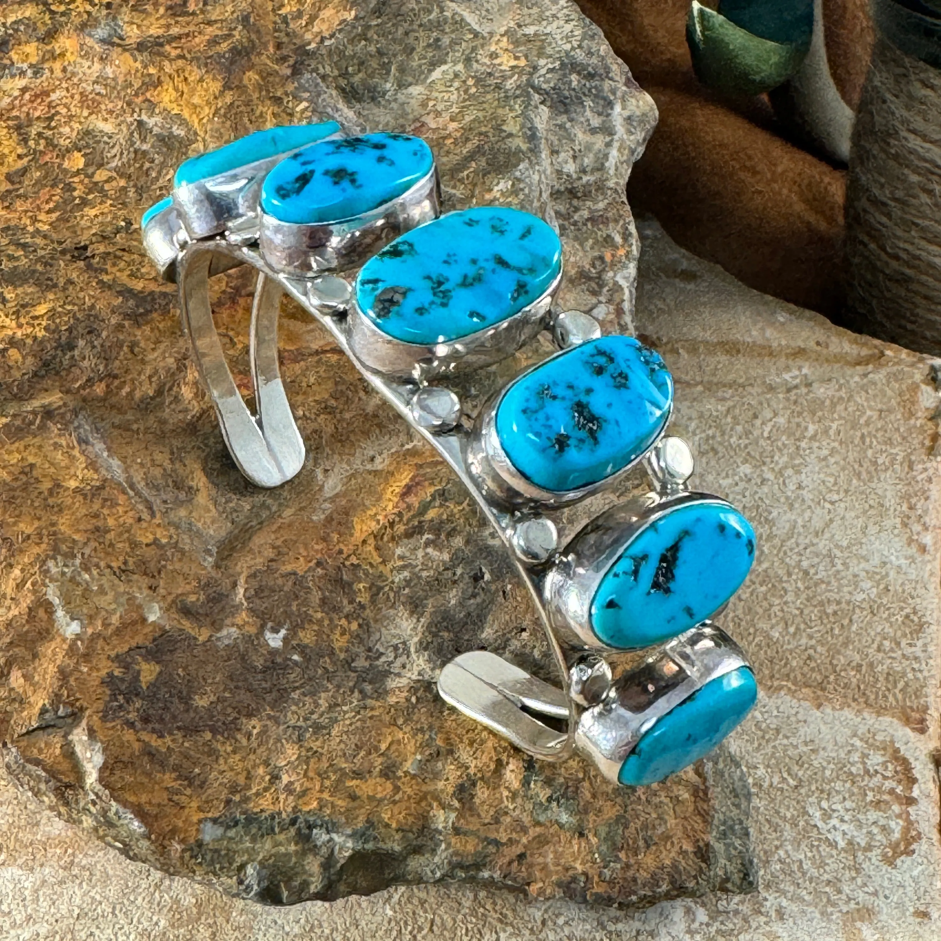 Estate Jewelry - Seven-Stone Turquoise Sterling Silver Bracelet