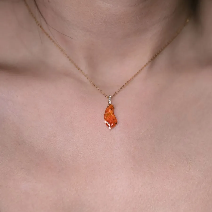 Free Shaped Mexican Fire Opal Diamond Necklace Pendant 18K Yellow Gold