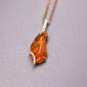 Free Shaped Mexican Fire Opal Diamond Necklace Pendant 18K Yellow Gold