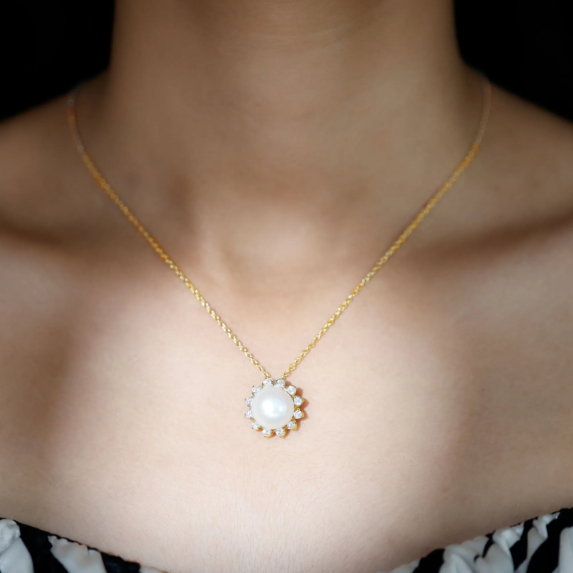 Freshwater Pearl and Moissanite Cocktail Flower Pendant Necklace