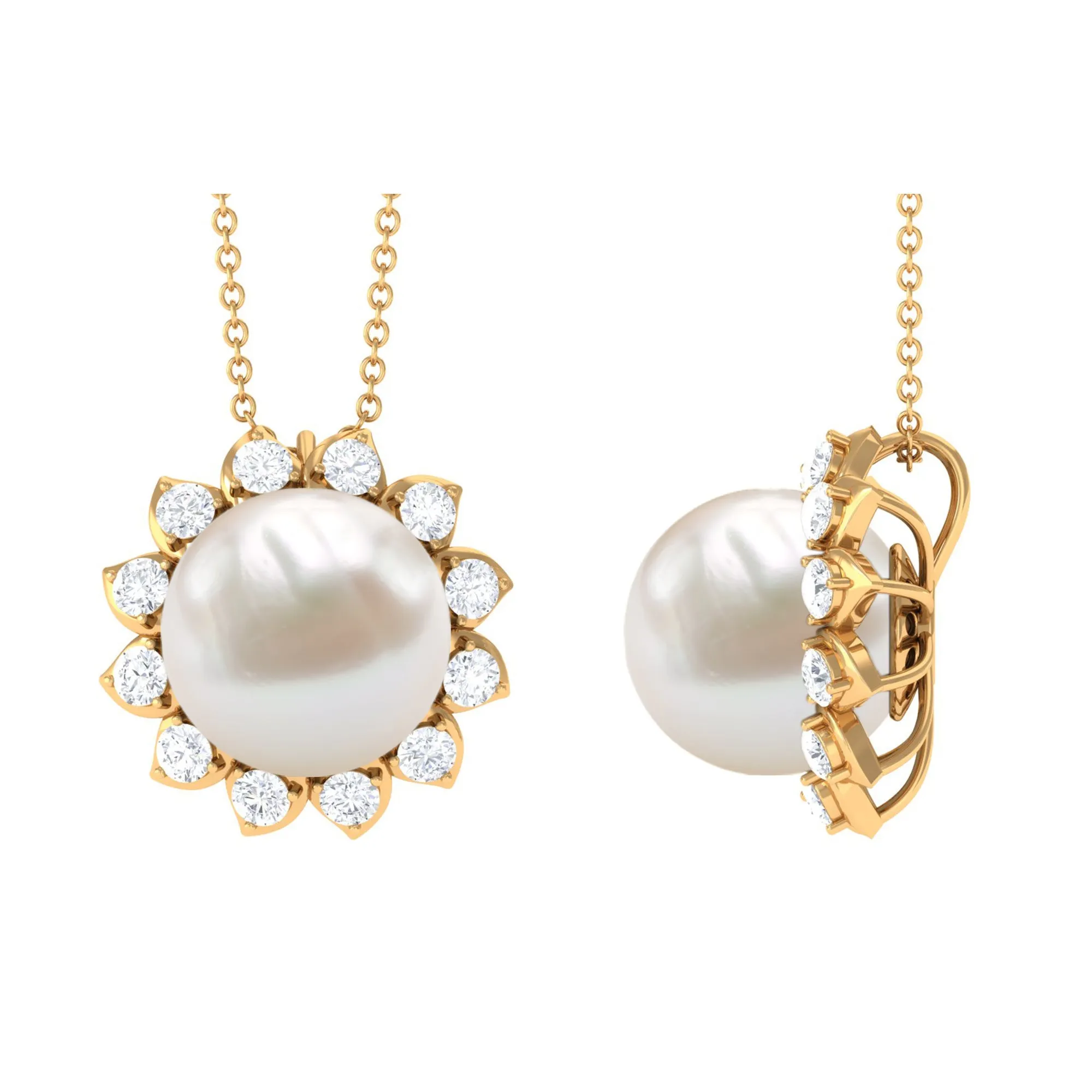 Freshwater Pearl and Moissanite Cocktail Flower Pendant Necklace
