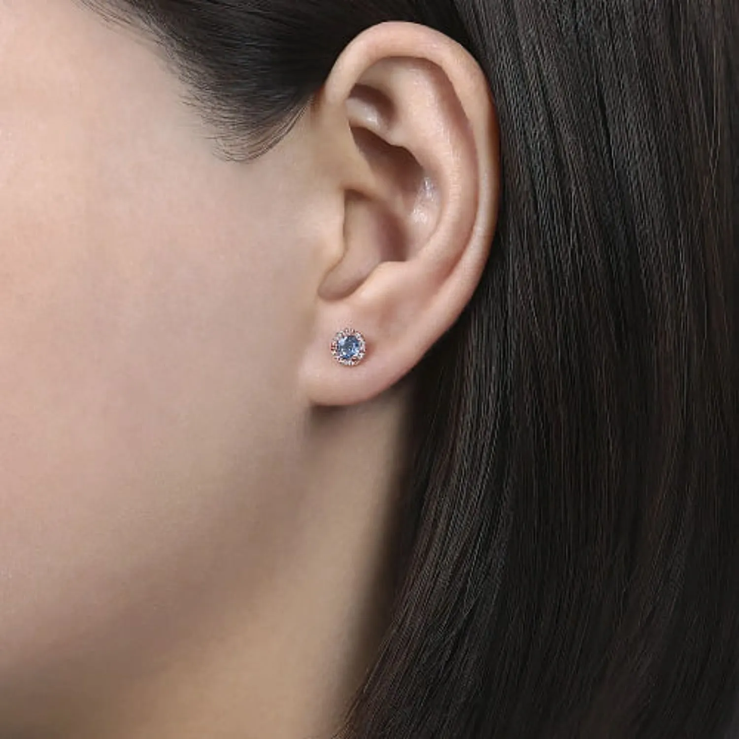 Gabriel & Co. Blue Topaz Diamond Halo Stud Earrings