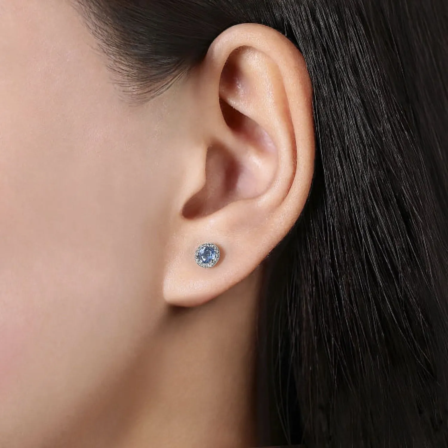 Gabriel & Co. Blue Topaz Diamond Halo Stud Earrings