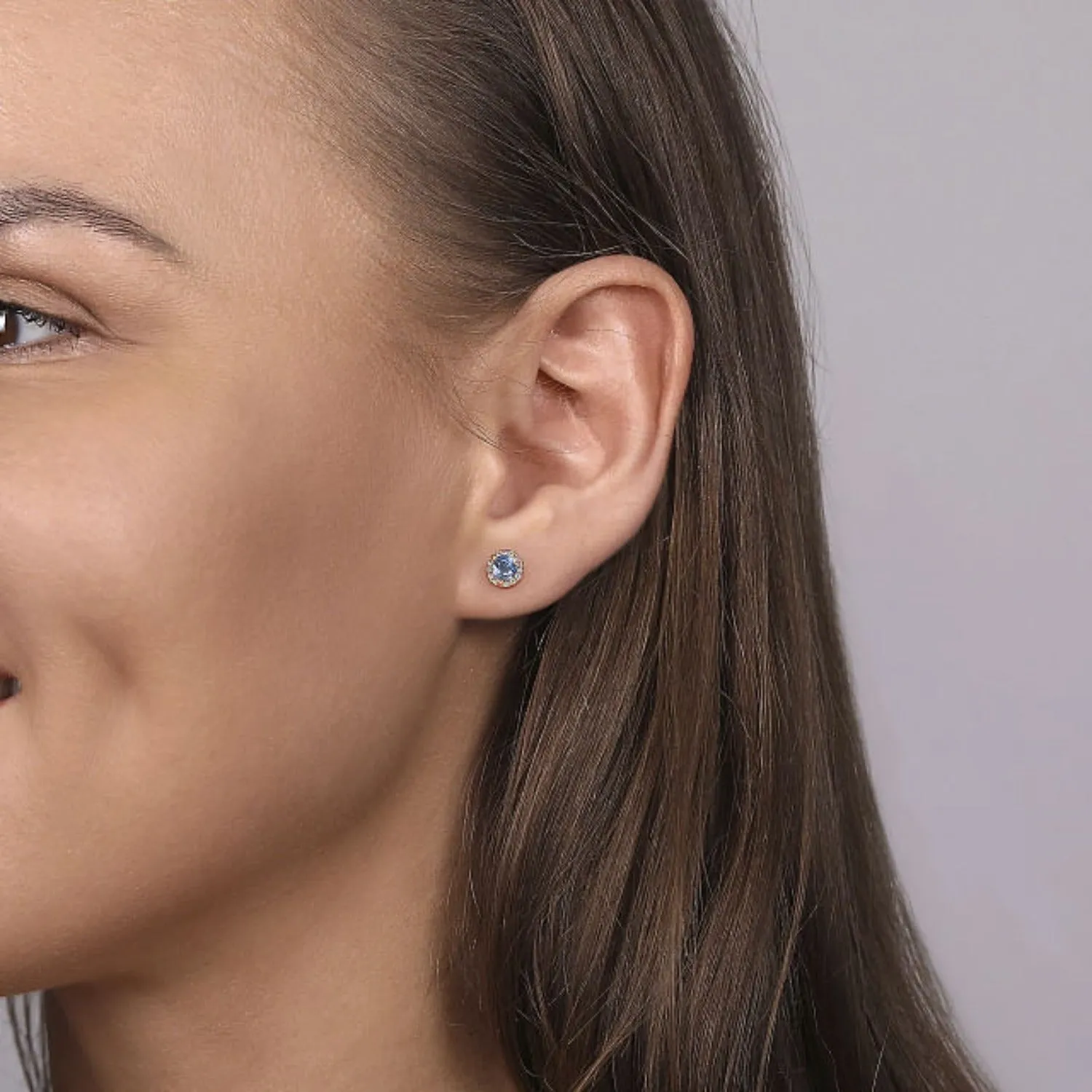 Gabriel & Co. Blue Topaz Diamond Halo Stud Earrings
