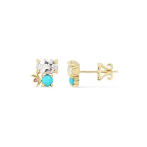 Gemstone & Diamond 14K Crescent Moon Stud