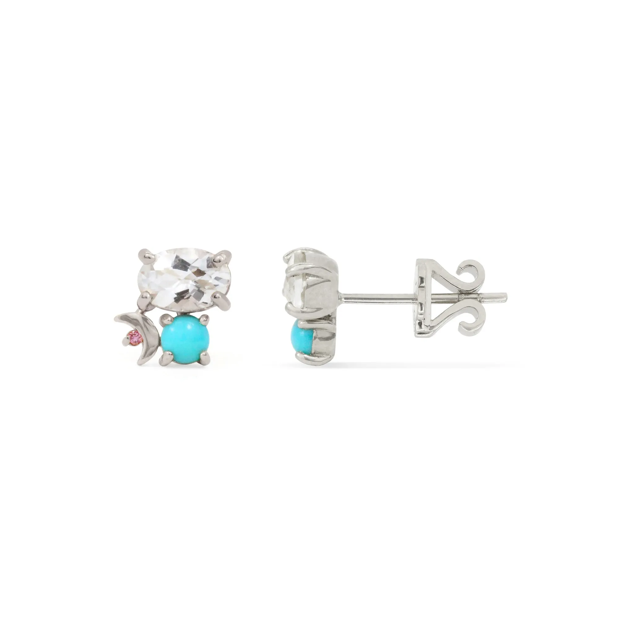 Gemstone & Diamond 14K Crescent Moon Stud