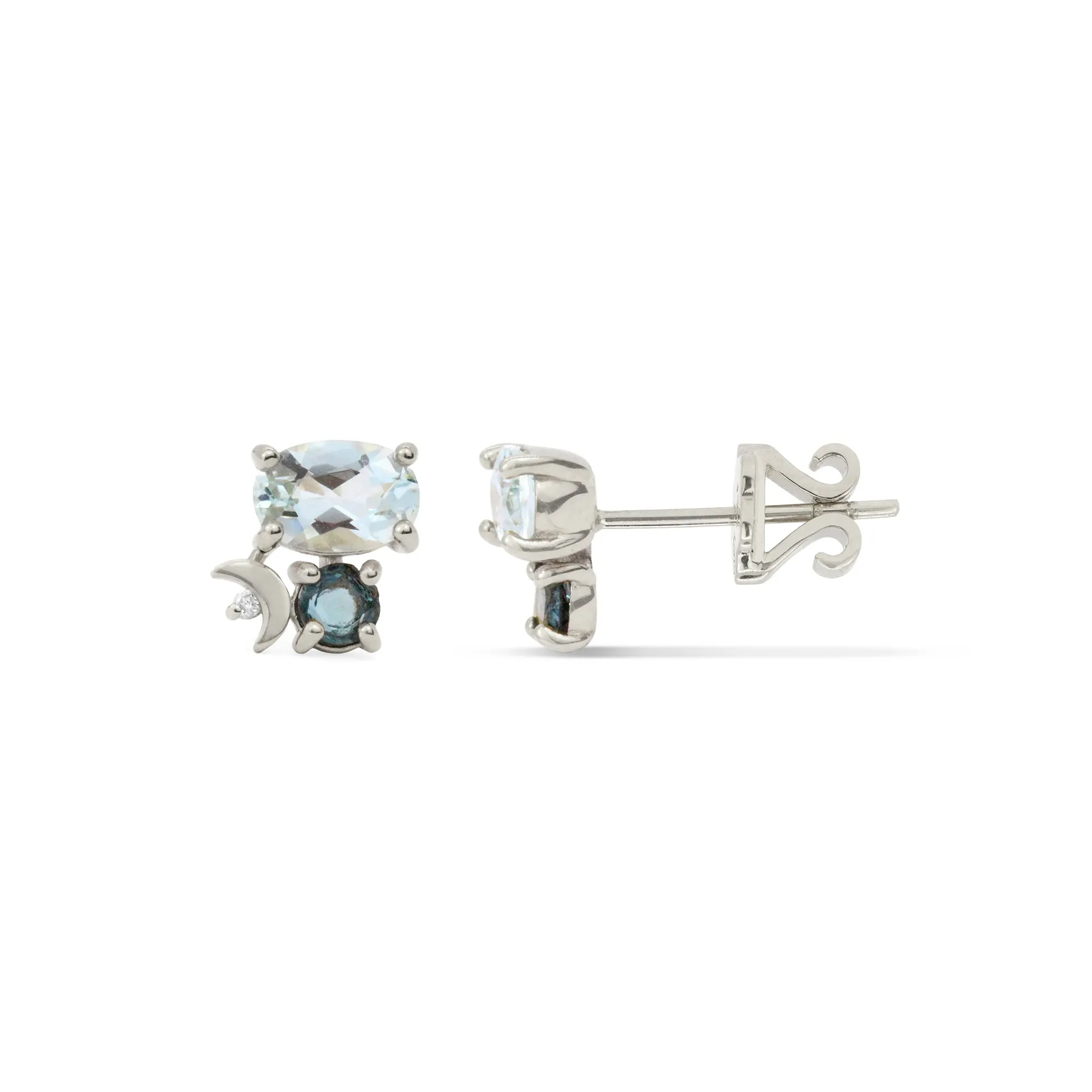 Gemstone & Diamond 14K Crescent Moon Stud