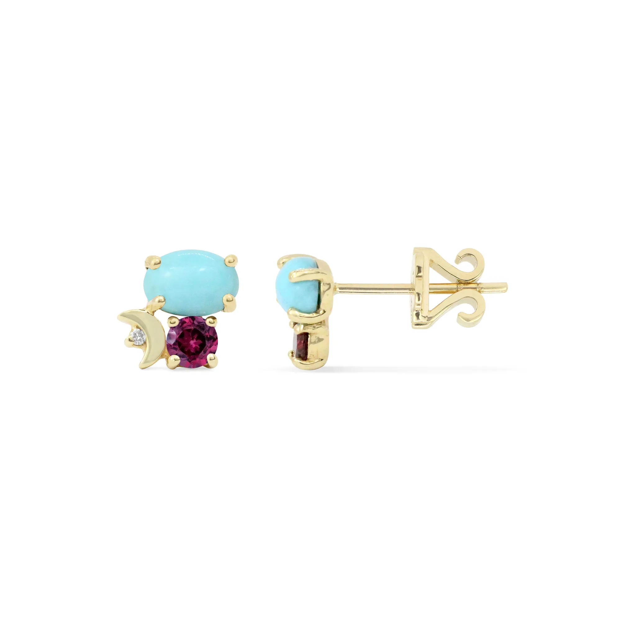 Gemstone & Diamond 14K Crescent Moon Stud