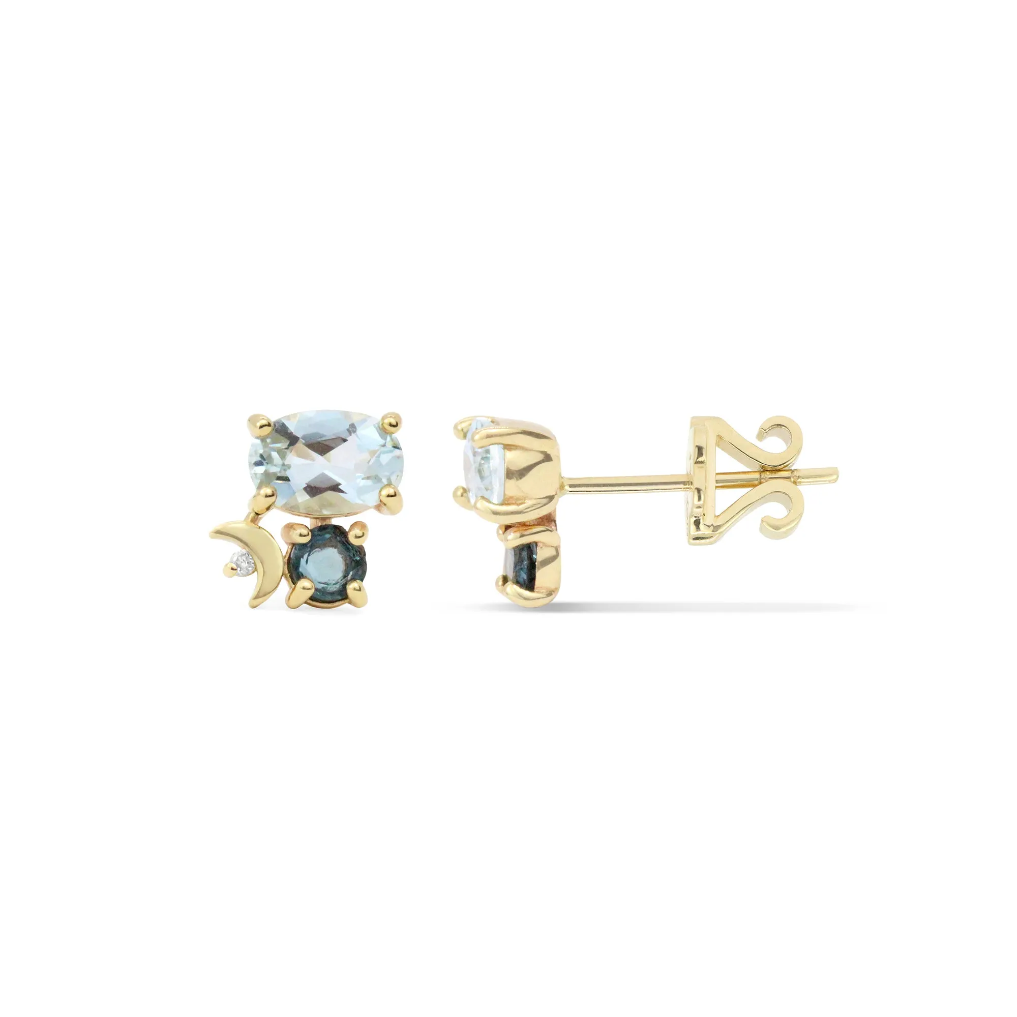 Gemstone & Diamond 14K Crescent Moon Stud