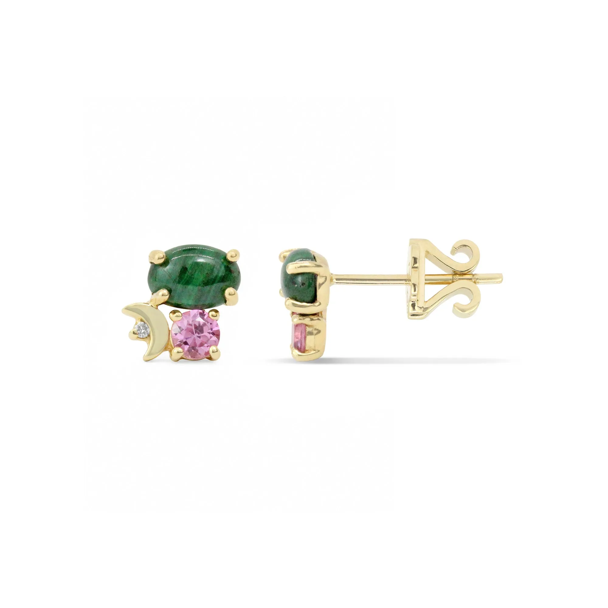 Gemstone & Diamond 14K Crescent Moon Stud
