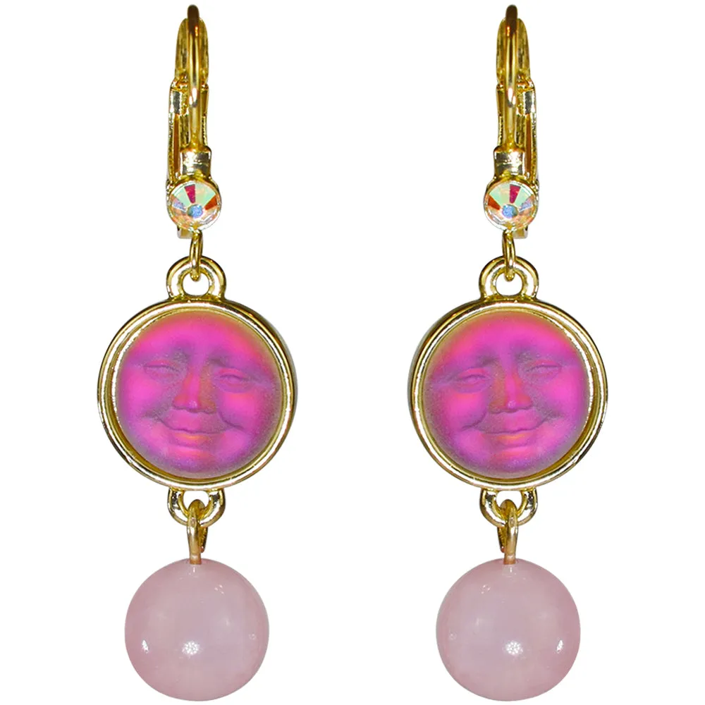 Glass Seaview Moon Rose Quartz Leverback Earrings (Goldtone/Volcano)