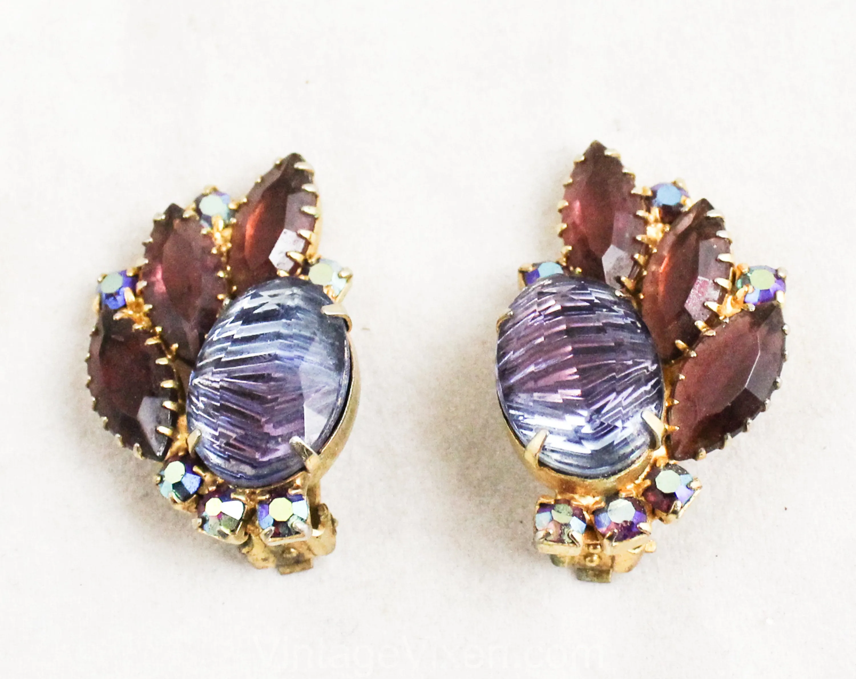 Gorgeous Juliana Style Earrings - 1950s 60s Indigo Blue & Purple Rhinestones with Amber Brown Accents - Aurora Borealis AB - Lavish Hues