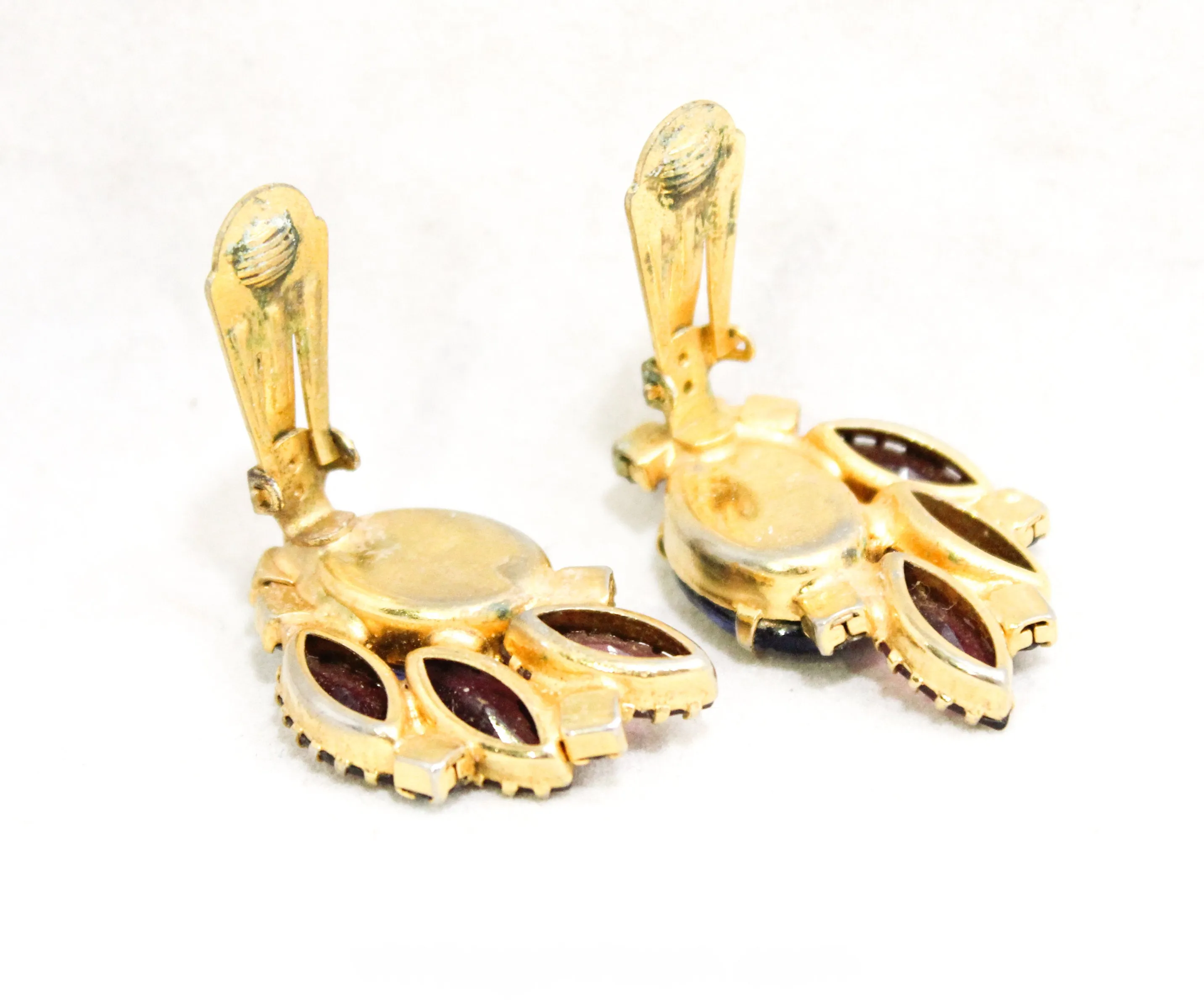 Gorgeous Juliana Style Earrings - 1950s 60s Indigo Blue & Purple Rhinestones with Amber Brown Accents - Aurora Borealis AB - Lavish Hues