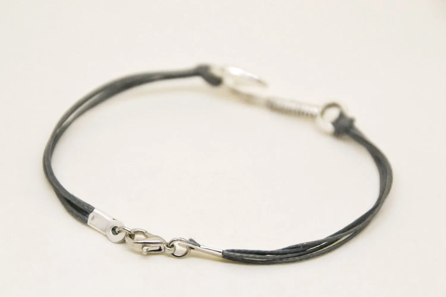 Gray cord bracelet for men with silver hook charm, gift for him