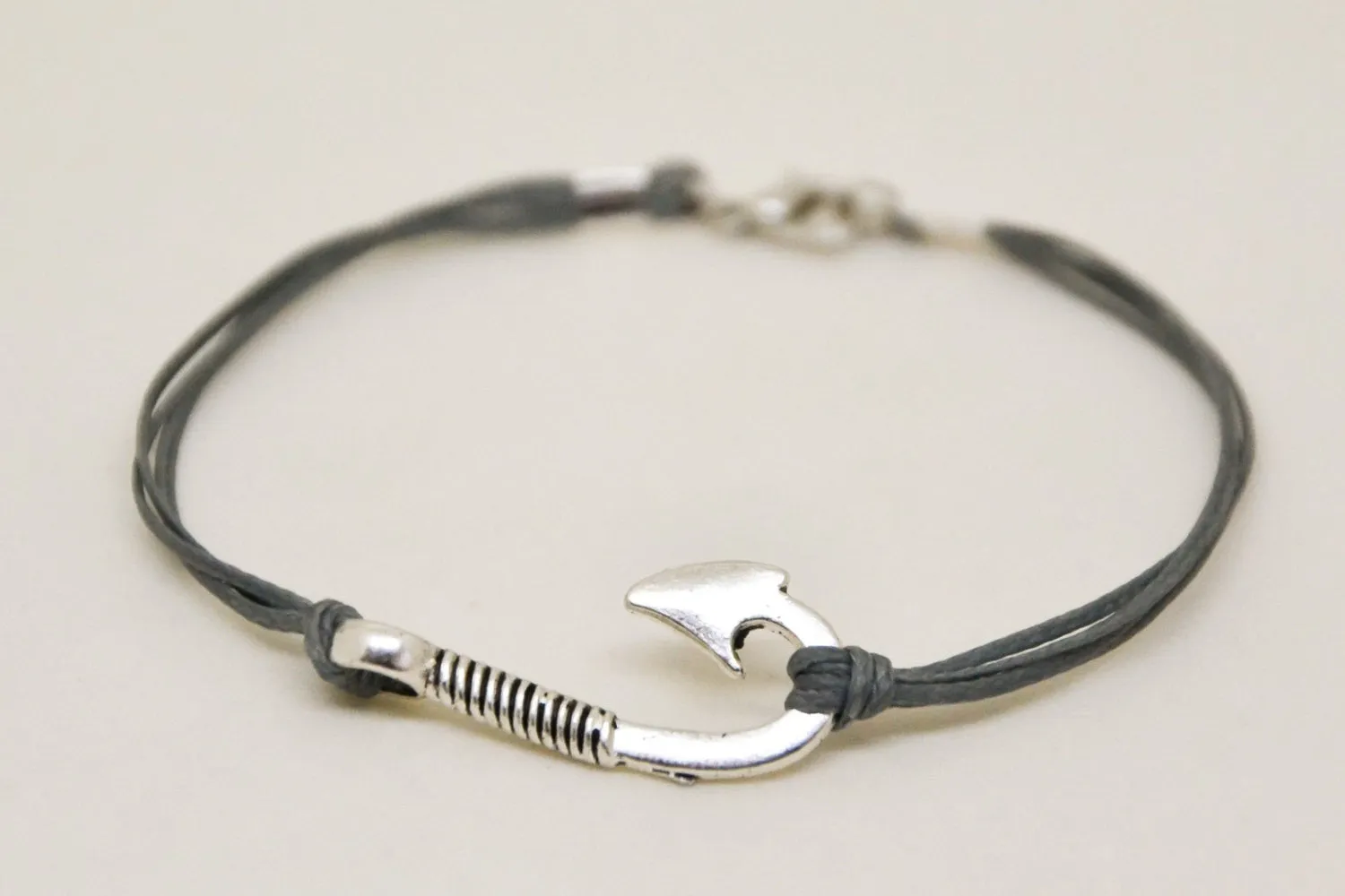 Gray cord bracelet for men with silver hook charm, gift for him