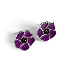 HAND-PAINTED PURPLE POPPY STUD EARRINGS IN SILVER AND AMBER