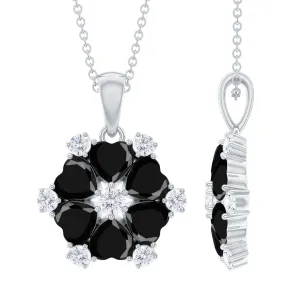 Heart Shape Created Black Diamond and Diamond Flower Pendant