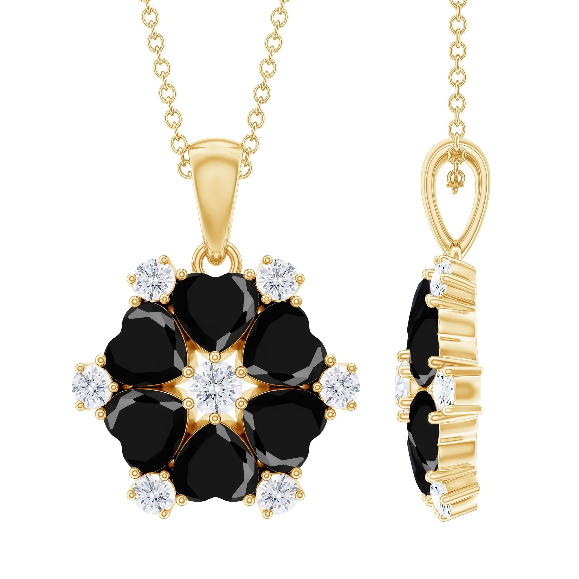 Heart Shape Created Black Diamond and Diamond Flower Pendant