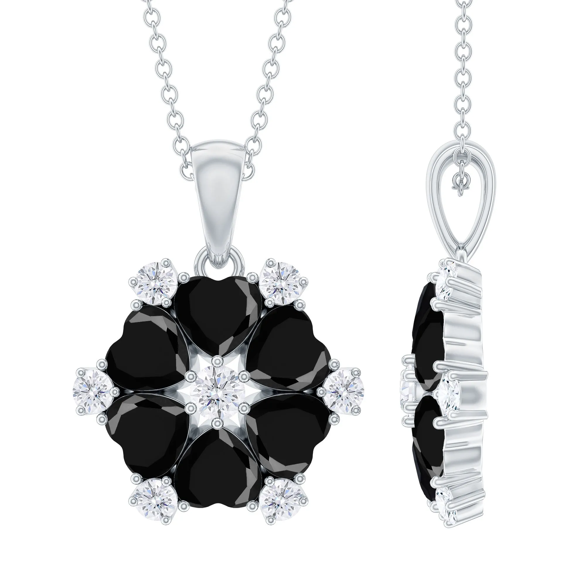 Heart Shape Created Black Diamond and Diamond Flower Pendant