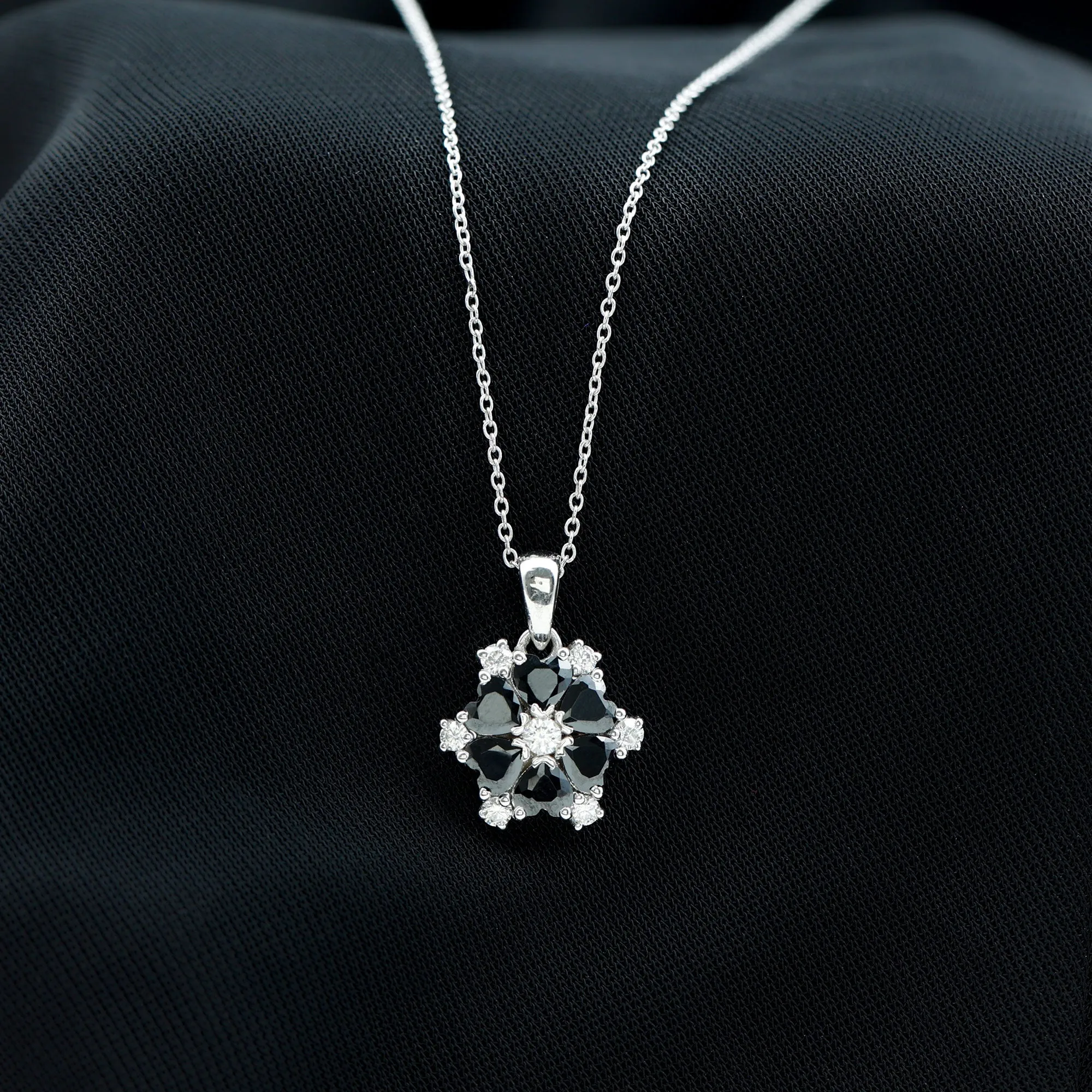 Heart Shape Created Black Diamond and Diamond Flower Pendant