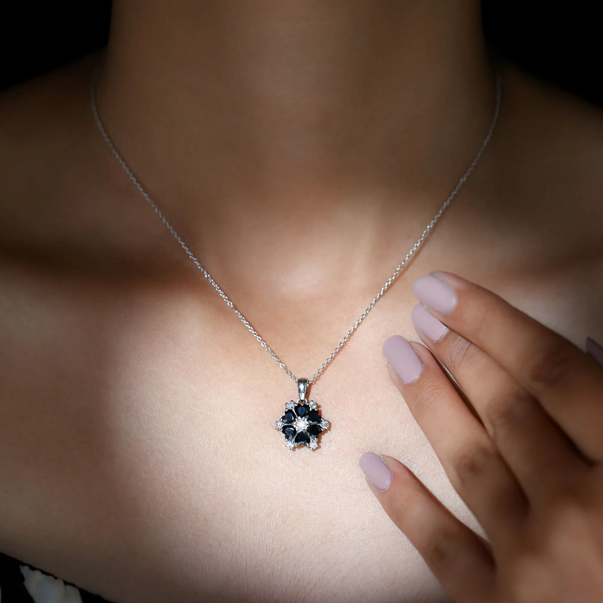 Heart Shape Created Black Diamond and Diamond Flower Pendant