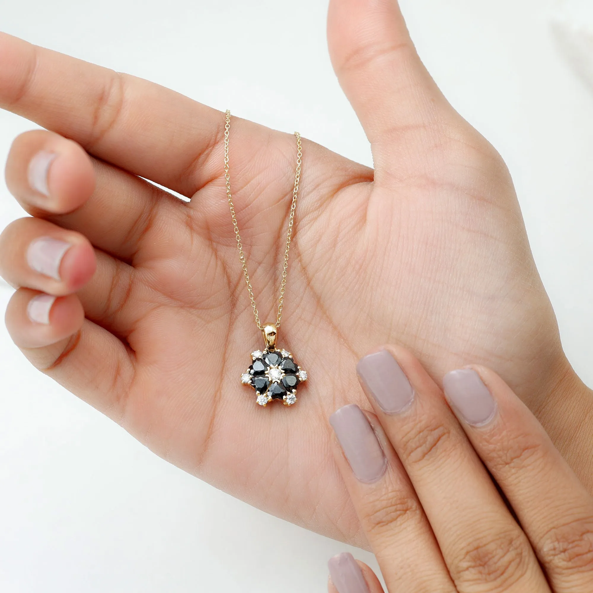 Heart Shape Created Black Diamond and Diamond Flower Pendant