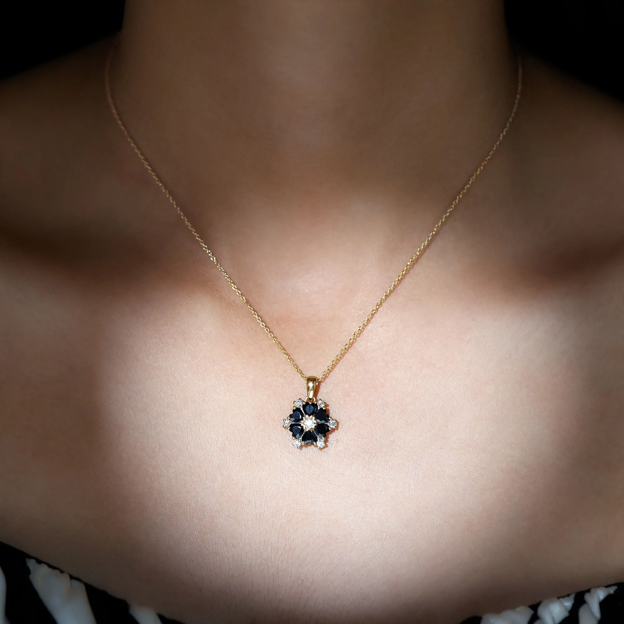 Heart Shape Created Black Diamond and Diamond Flower Pendant