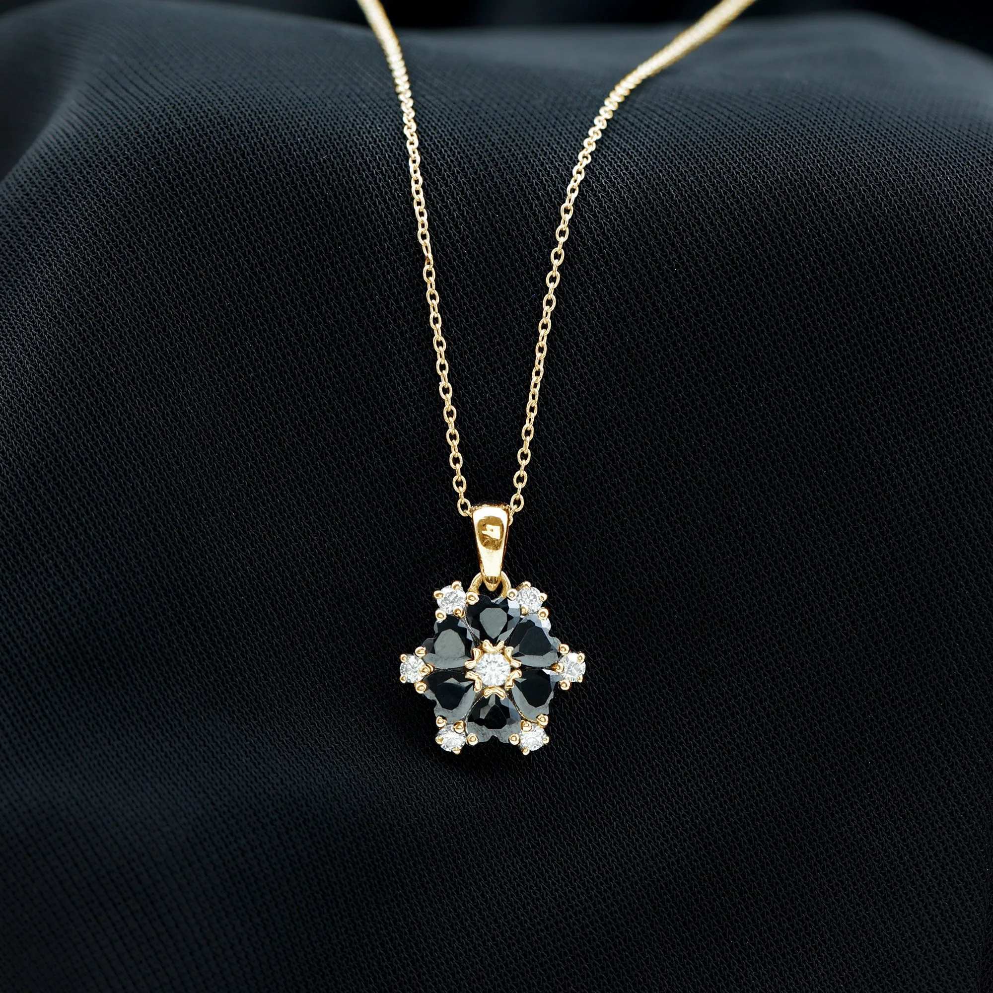 Heart Shape Created Black Diamond and Diamond Flower Pendant