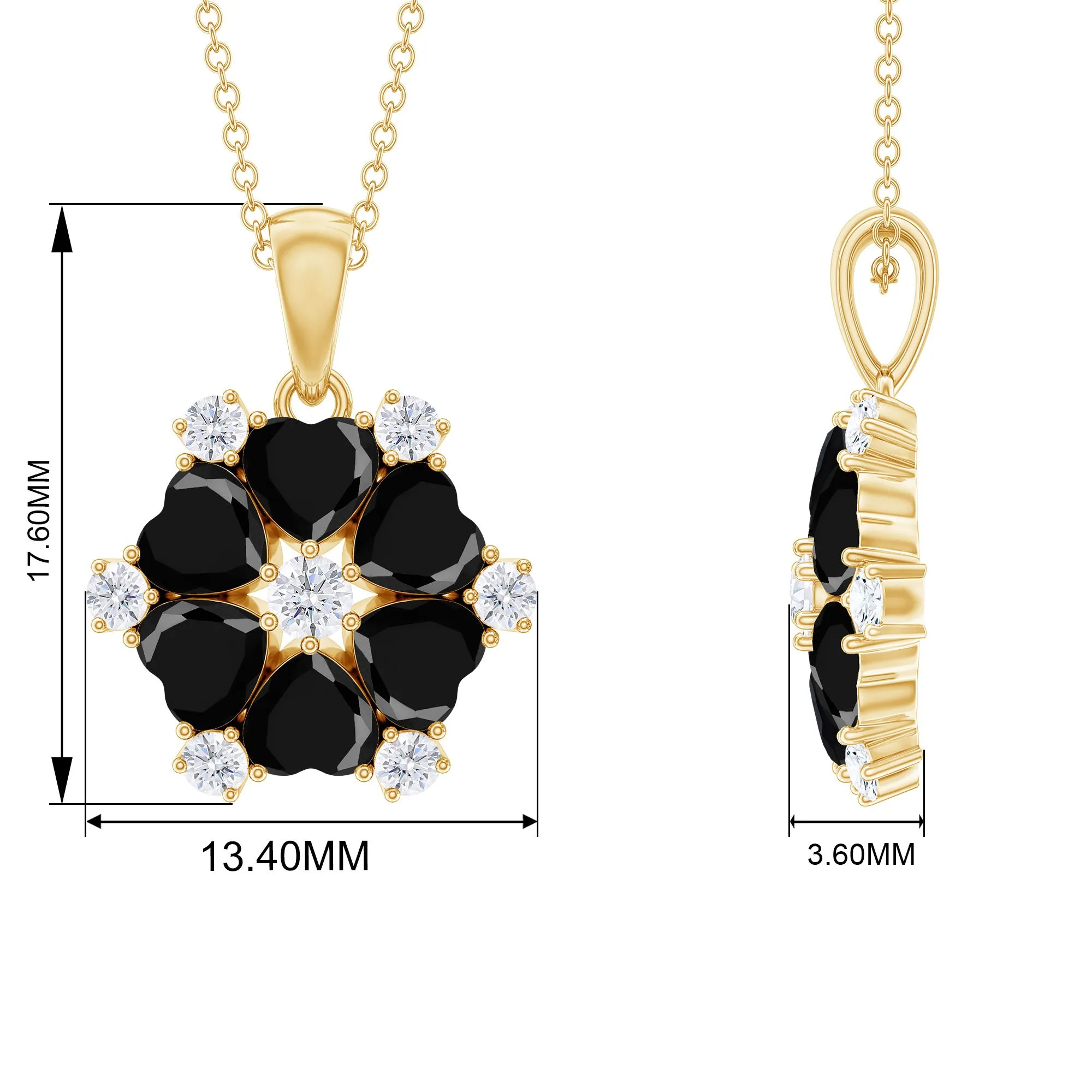 Heart Shape Created Black Diamond and Diamond Flower Pendant