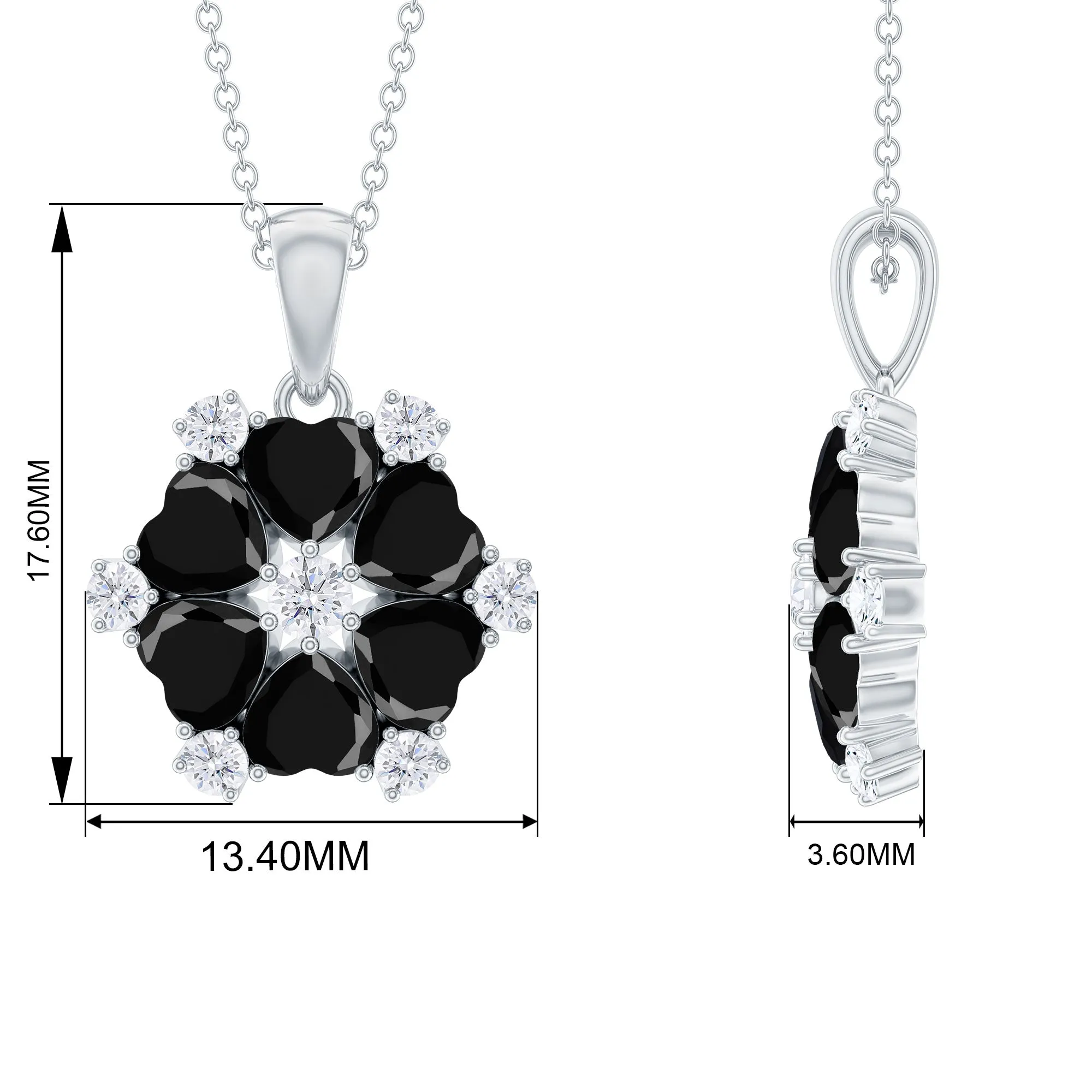 Heart Shape Created Black Diamond and Diamond Flower Pendant
