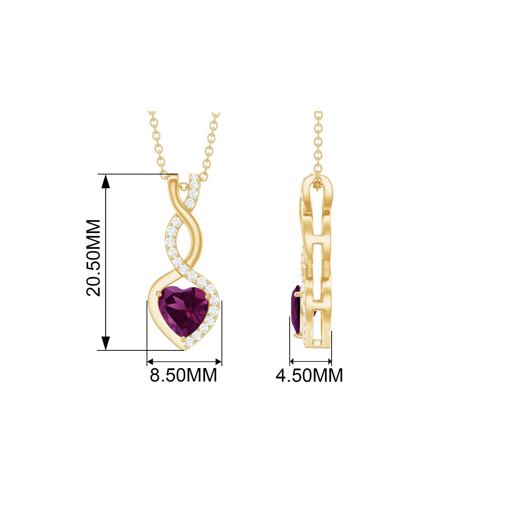 Heart Shape Rhodolite and Diamond Infinity Dangle Pendant