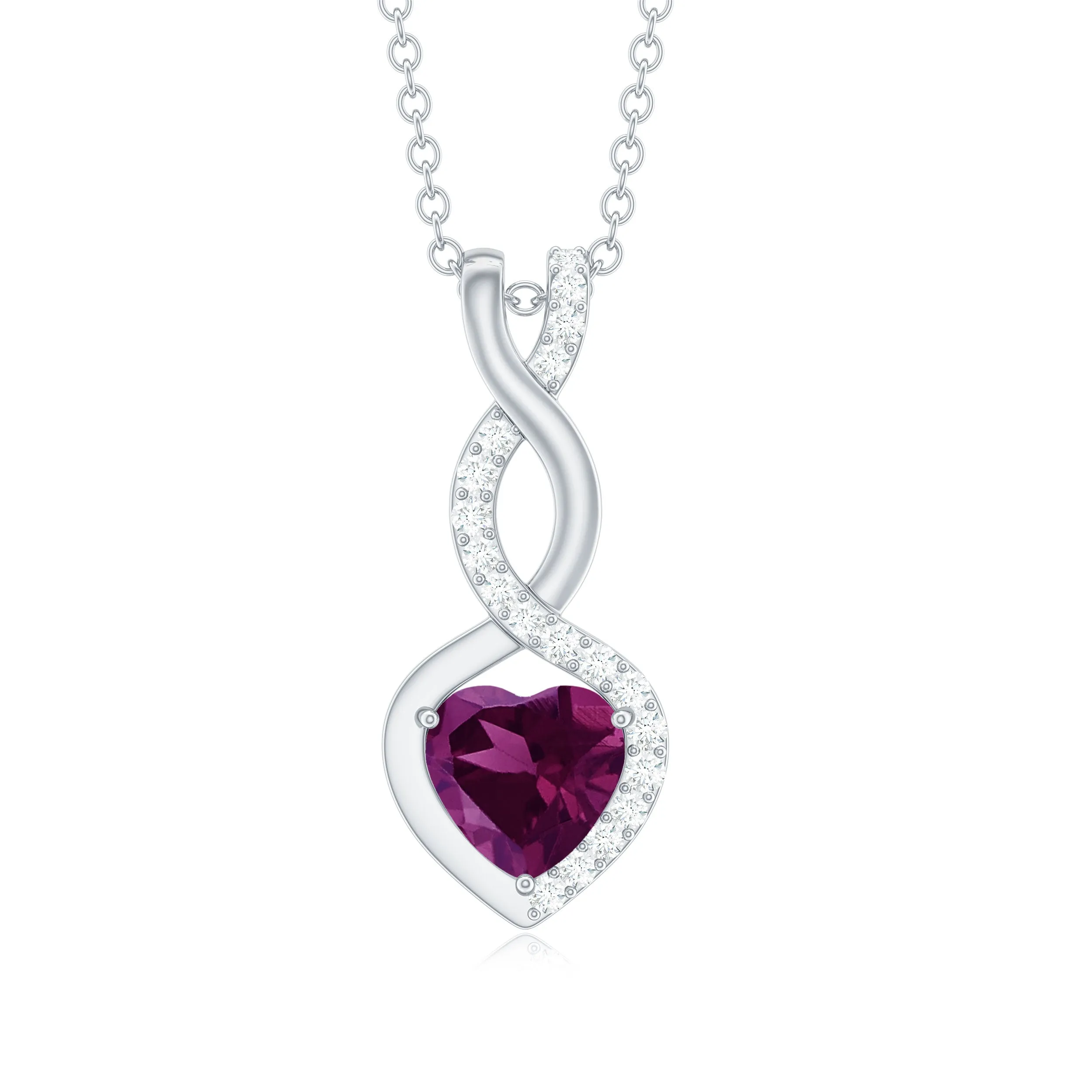 Heart Shape Rhodolite and Diamond Infinity Dangle Pendant