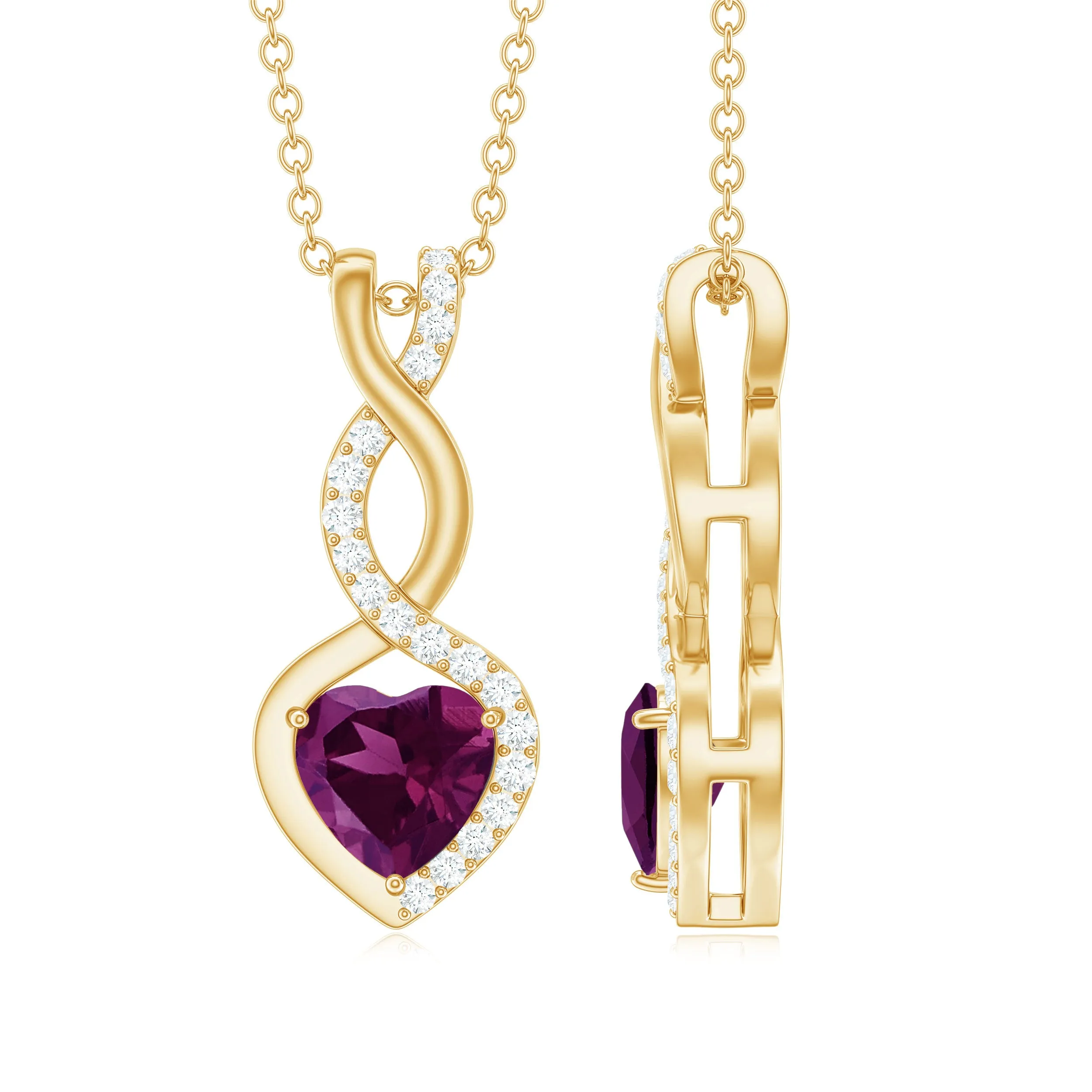 Heart Shape Rhodolite and Diamond Infinity Dangle Pendant