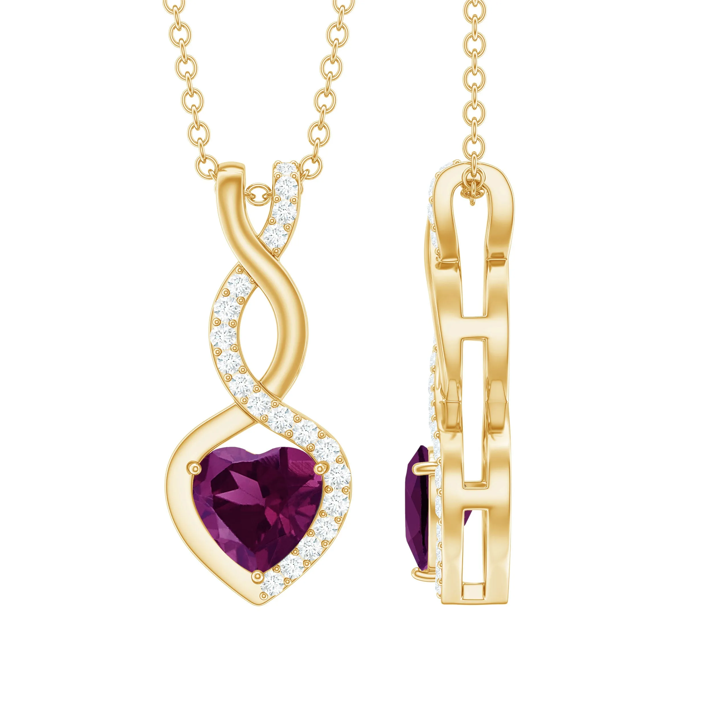 Heart Shape Rhodolite and Diamond Infinity Dangle Pendant