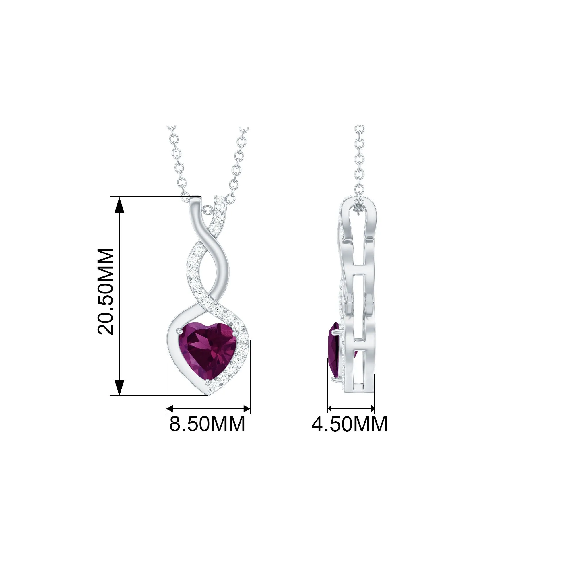 Heart Shape Rhodolite and Diamond Infinity Dangle Pendant