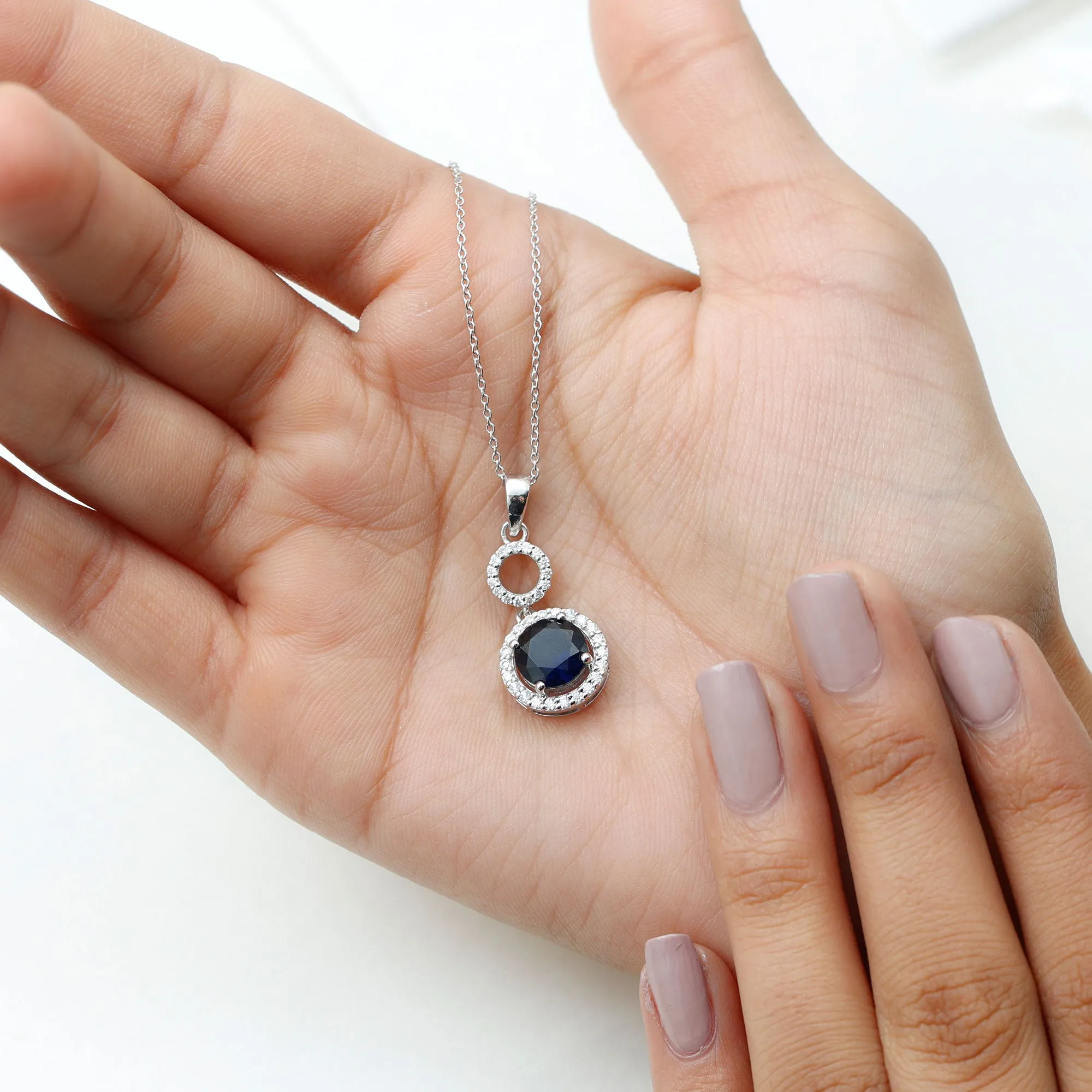 Lab-Created Blue Sapphire Halo Dangle Pendant with Moissanite