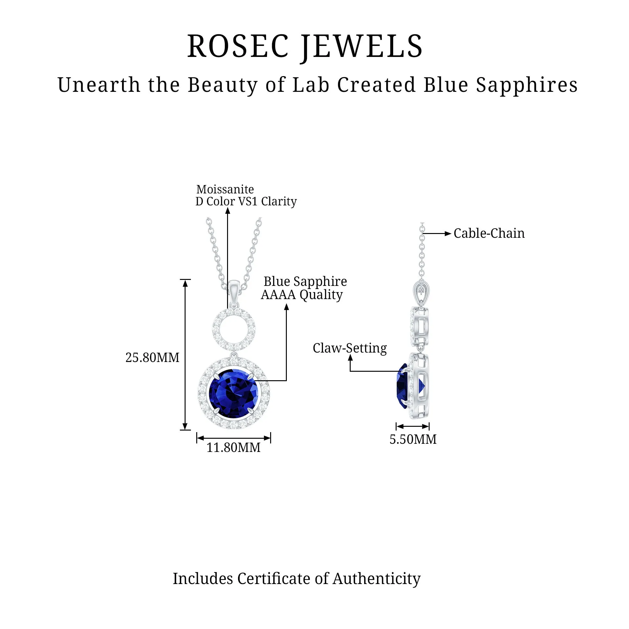 Lab-Created Blue Sapphire Halo Dangle Pendant with Moissanite
