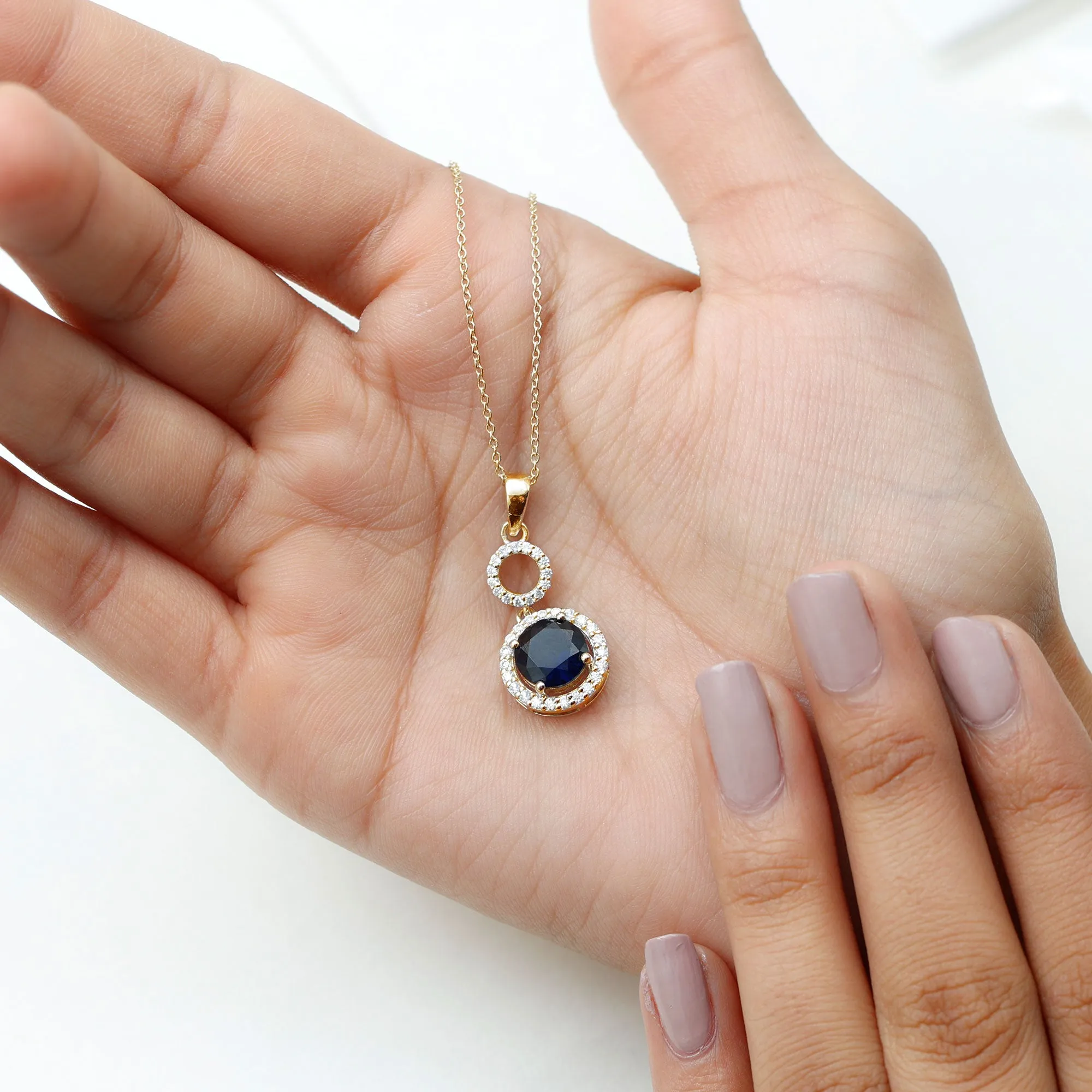 Lab-Created Blue Sapphire Halo Dangle Pendant with Moissanite