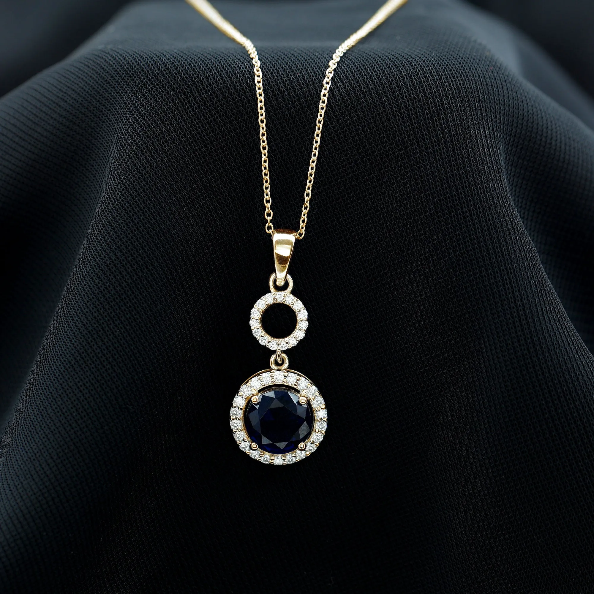 Lab-Created Blue Sapphire Halo Dangle Pendant with Moissanite
