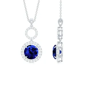 Lab-Created Blue Sapphire Halo Dangle Pendant with Moissanite